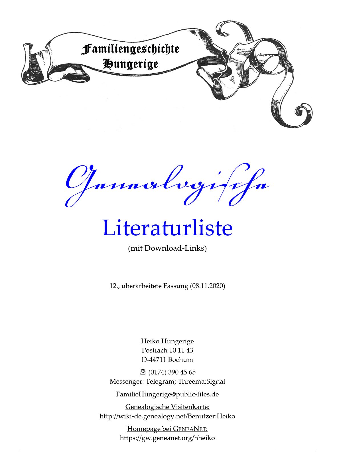 Hungerige (2020), Genealogische Literaturliste (mit Download-Links)