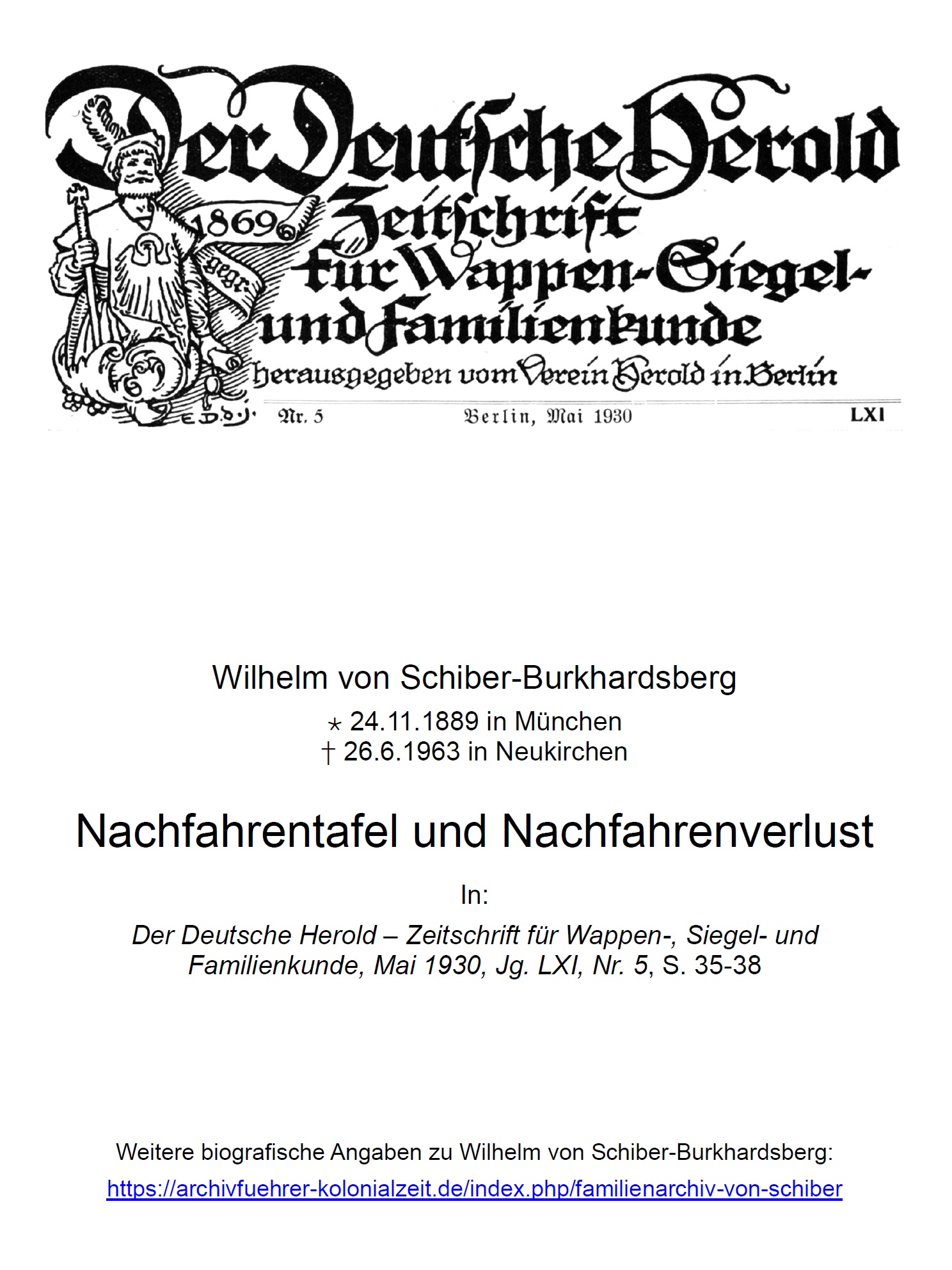 von Schiber-Burkhardsberg (1930), Nachfahrentafel und Nachfahrenverlust