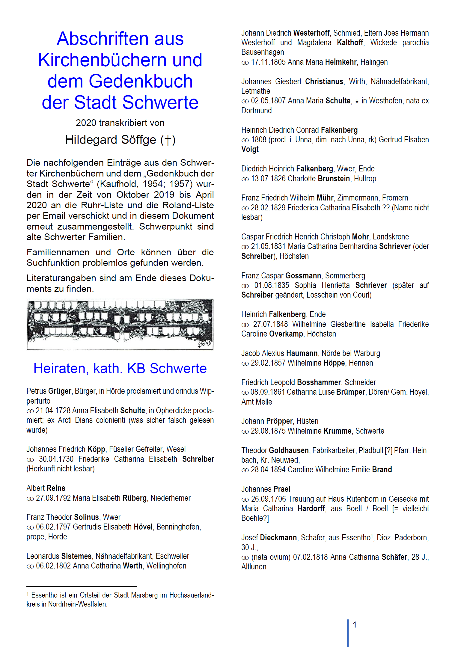 Söffge (2020), Abschriften aus Kirchenbüchern und dem Gedenkbuch der Stadt Schwerte