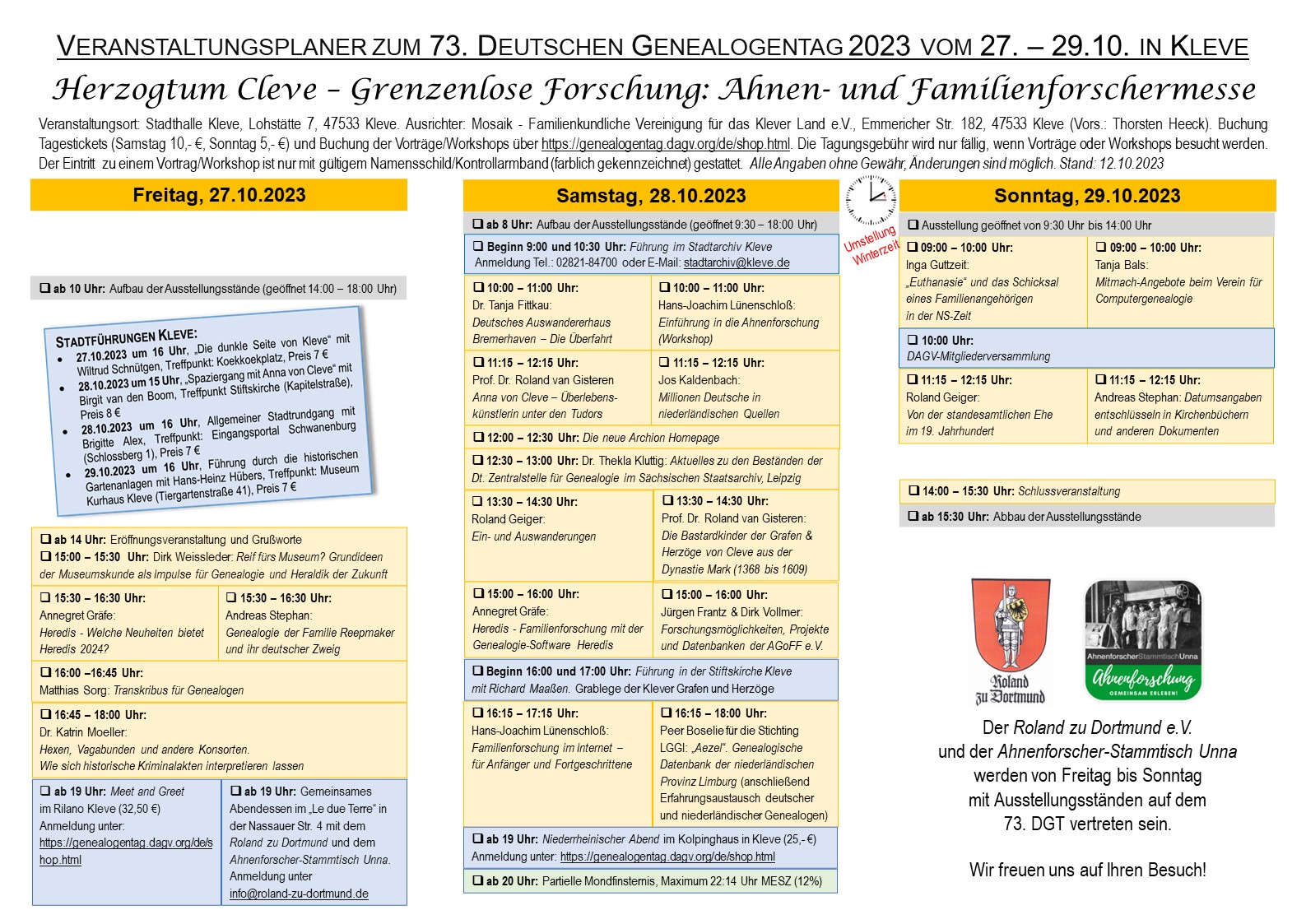 RzD (2023), Veranstaltungsplaner zum 73. Deutschen Genealogentag in Kleve